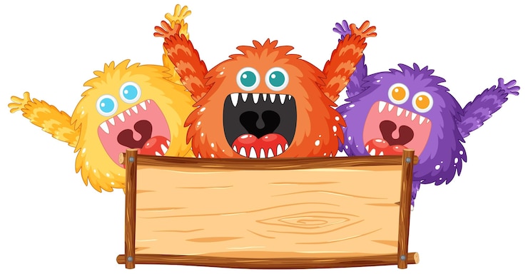 Vector Gratis cute alien monsters cartoon behind wooden frame