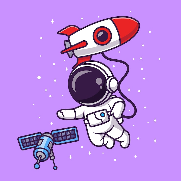 Vector Gratis cute astronaut floating with satellite and rocket in space cartoon vector icon illustration science