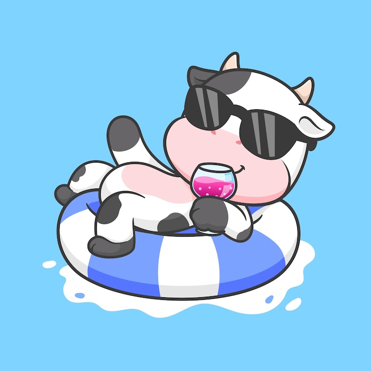 Vector Gratis cute cow chill on swimming tires with juice cartoon vector icon illustration animal holiday isolated