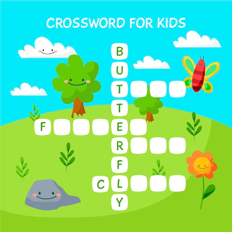 Vector Gratis cute crossword in english with smiley nature elements