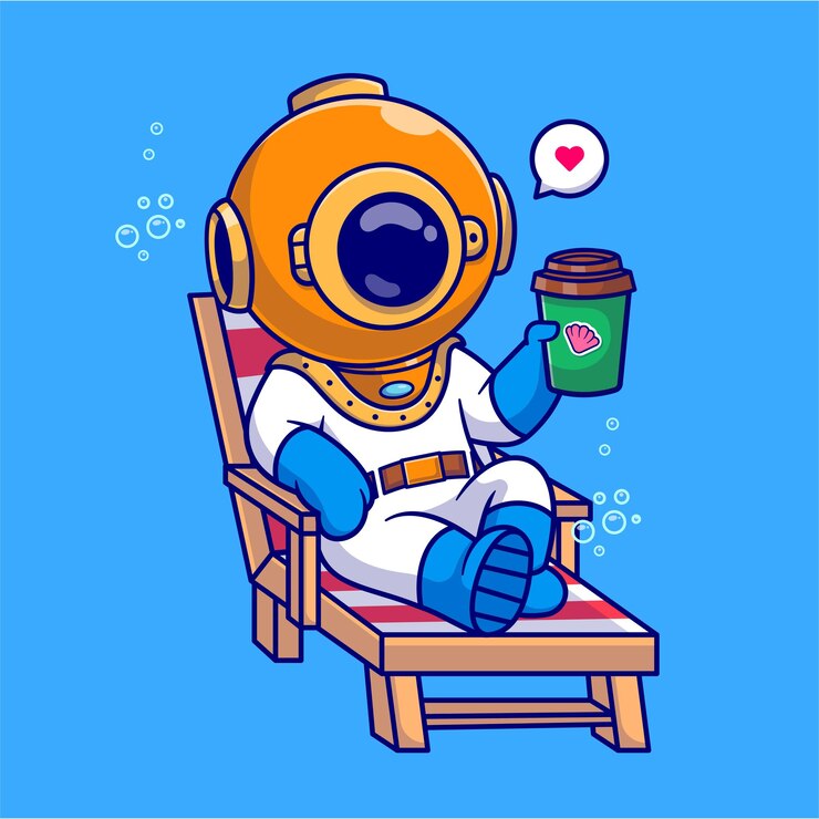 Vector Gratis cute diver drinking coffee on bench cartoon vector icon illustration science drink isolated flat
