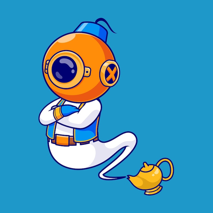 Vector Gratis cute diver genie in lamp cartoon vector icon illustration science holiday icon isolated flat vector