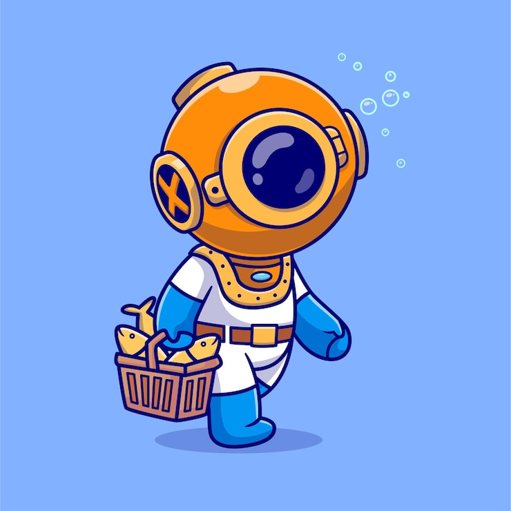 Vector Gratis cute diver holding basket with fish cartoon vector icon illustration science animal isolated flat