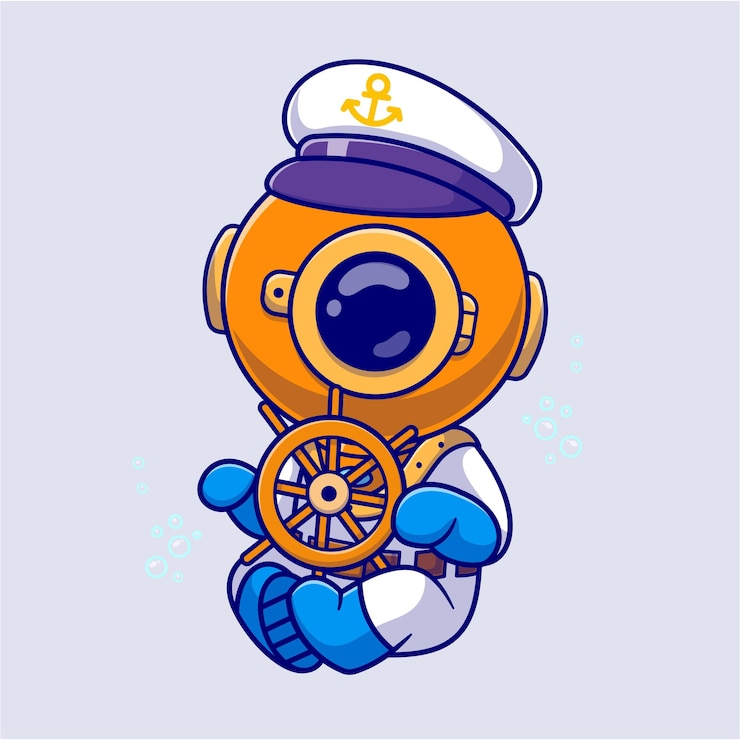 Vector Gratis cute diver sailor captain holding steering boat cartoon vector icon illustration science transport