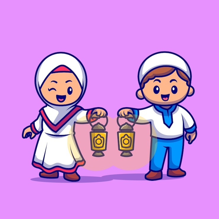Vector Gratis cute girl and boy moslem bring lantern lamp cartoon vector icon illustration. people religion icon concept isolated premium vector. flat cartoon style