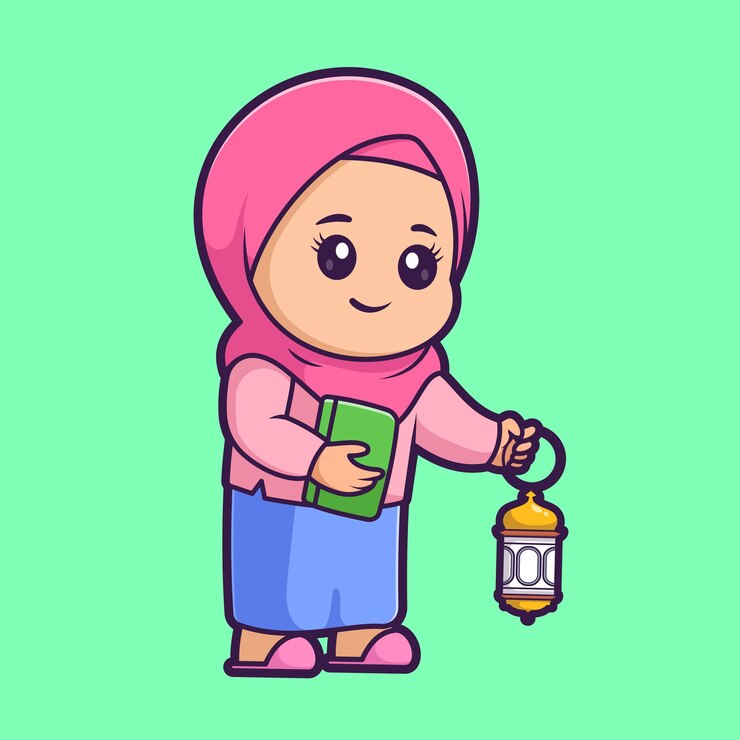 Vector Gratis cute girl moslem holding lantern holding book cartoon vector icon illustration people religion flat