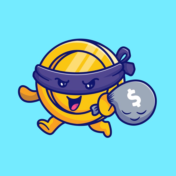 Vector Gratis cute gold coin thief bring money bag cartoon vector icon illustration. finance object isolated flat