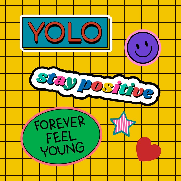 Vector Gratis cute positive sticker illustrations on a yellow grid background vector
