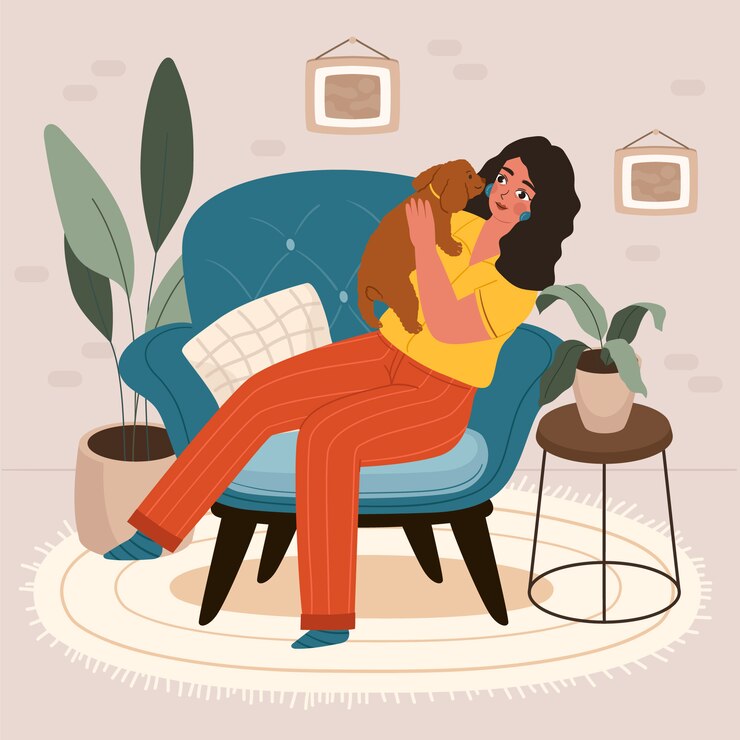 Vector Gratis cute smiling young girl sitting on comfy sofa with her cat