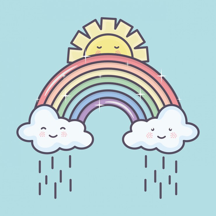 Vector Gratis cute summer sun and clouds rainy with rainbow kawaii characters