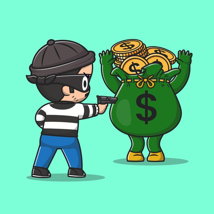 Vector Gratis cute thief steal money bag with gun pistol cartoon vector icon illustration people finance isolated
