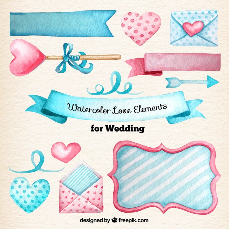 Vector Gratis cute watercolor love elements for wedding