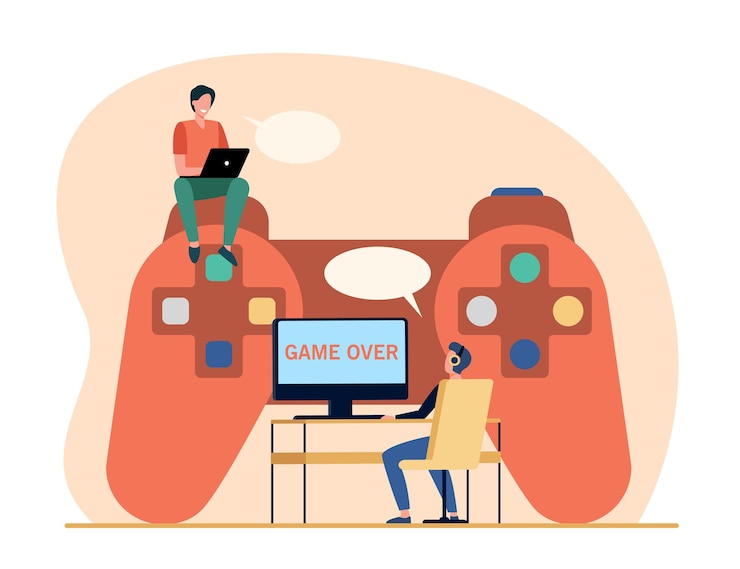 Vector Gratis cyber sport competitors. tiny gamers playing online game at huge controller