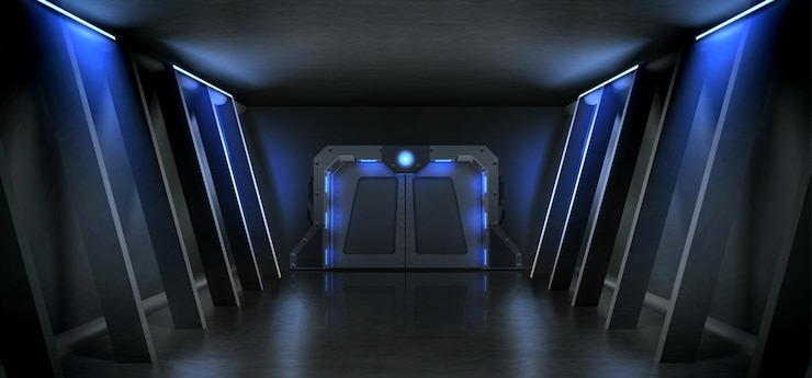 Vector Gratis dark hall with metal door and blue illumination