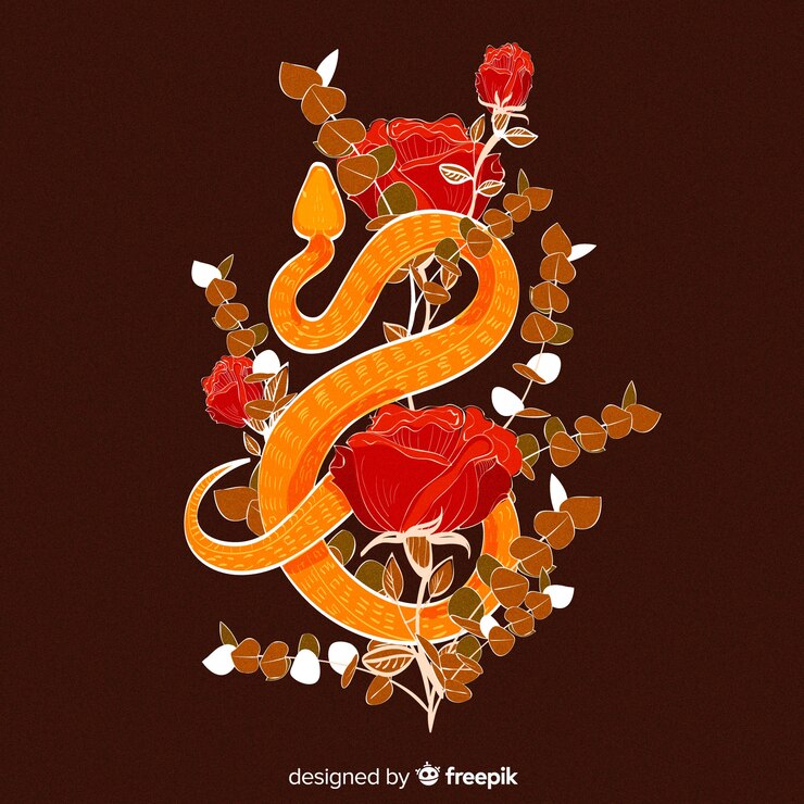 Vector Gratis dark hand drawn snake with roses background