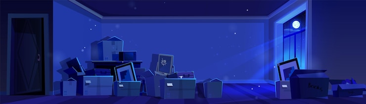 Vector Gratis dark night unfurnished room with stuff for new home in cardboard boxes cartoon vector of relocation and moving to new house midnight interior with moonlight through window and carton parcels