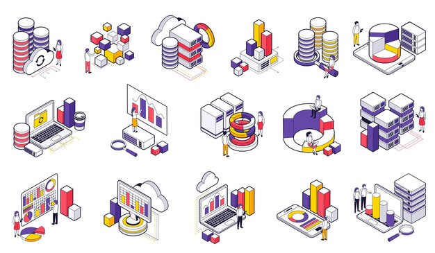 Data analysis isometric icons set illustrated cloud exchange of digital big data by network technologies isolated vector illustration