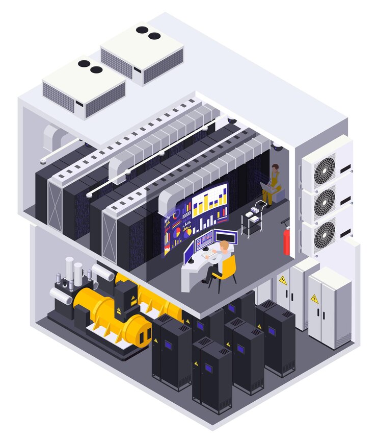 Vector Gratis data center 2 story facility isometric cutaway view with computer equipment servers routers operator desk