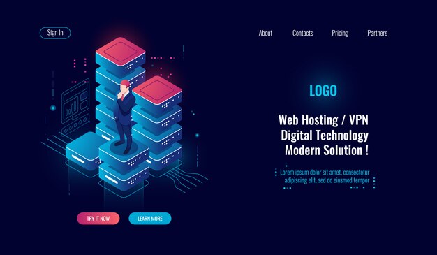 data security concept isometric icon, database and data center, information management, server room 