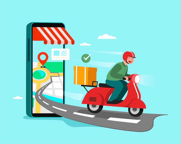 Vector Gratis delivery staff ride motorcycles , shopping concept.