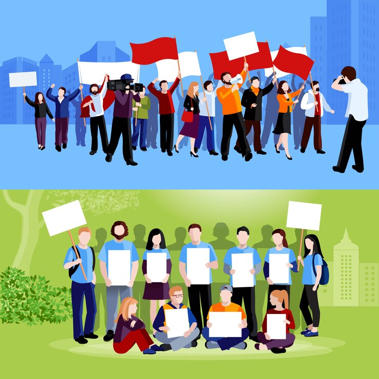 Vector Gratis demonstration protest people holding placards megaphones and flags and reporters with cameras on blue and green cityscape backgrounds flat isolated vector illustration