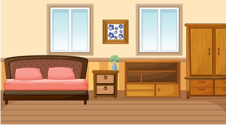 Vector Gratis desain interior kamar tidur dengan furnitur