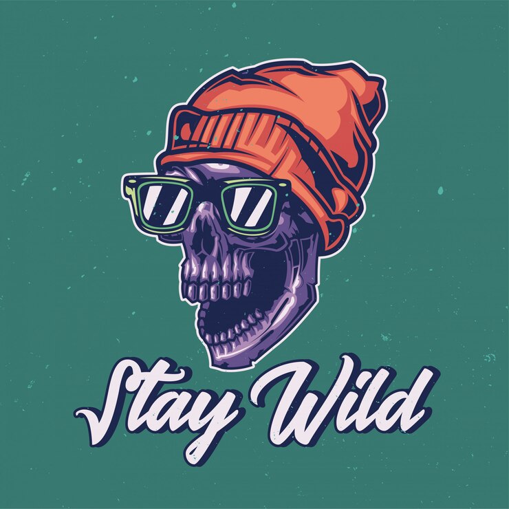 Vector Gratis desain kaus atau poster dengan ilustrasi tengkorak liar.