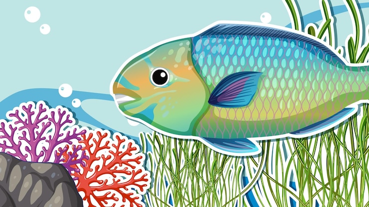 Vector Gratis desain thumbnail dengan ikan kakatua di laut