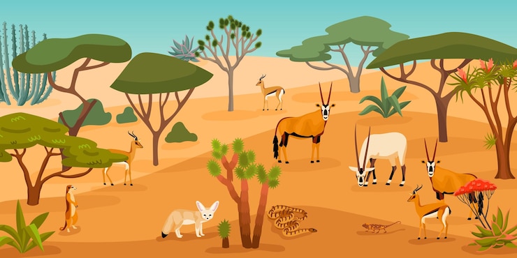 Vector Gratis desert cartoon background with wild animals walking among cacti and saxauls flat vector illustration