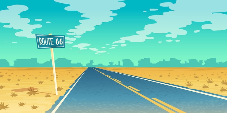 Vector Gratis desert landscape with empty asphalt way to canyon, wasteland. route 66, path with road sign. 