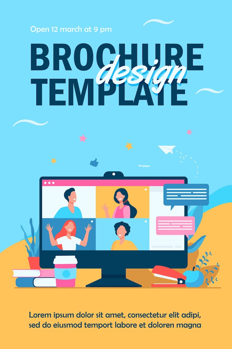Vector Gratis desktop with virtual meeting or videoconference isolated flyer template