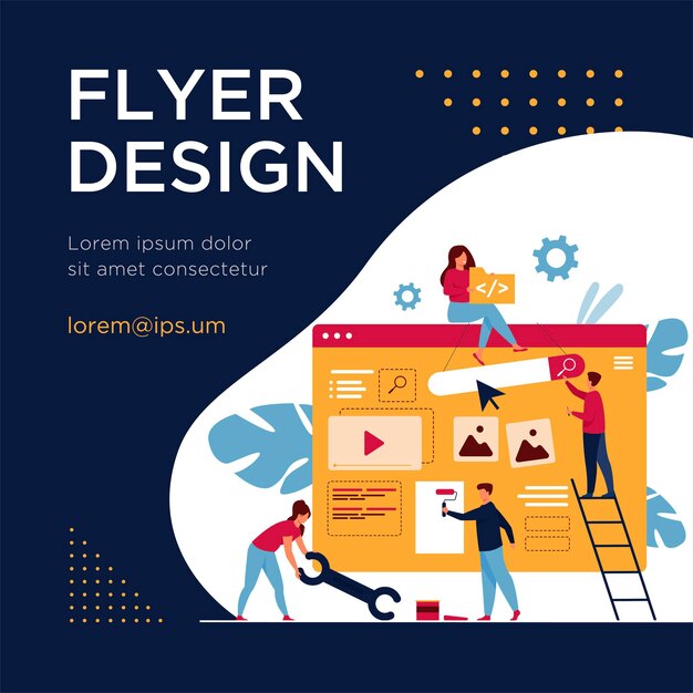 Digital marketing team constructing landing or home page. Tiny people painting units on webpage. Flyer template