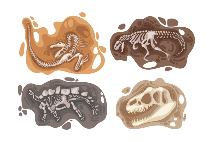 Vector Gratis dinosaur fossils vector illustrations set. bones or skeletons of prehistoric reptiles found underground during excavations isolated on white background. archeology, paleontology concept