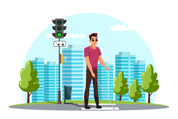 Vector Gratis disabilities people scene of handicapped man crosses crosswalk sign blind pedestrians traffic light green signal
