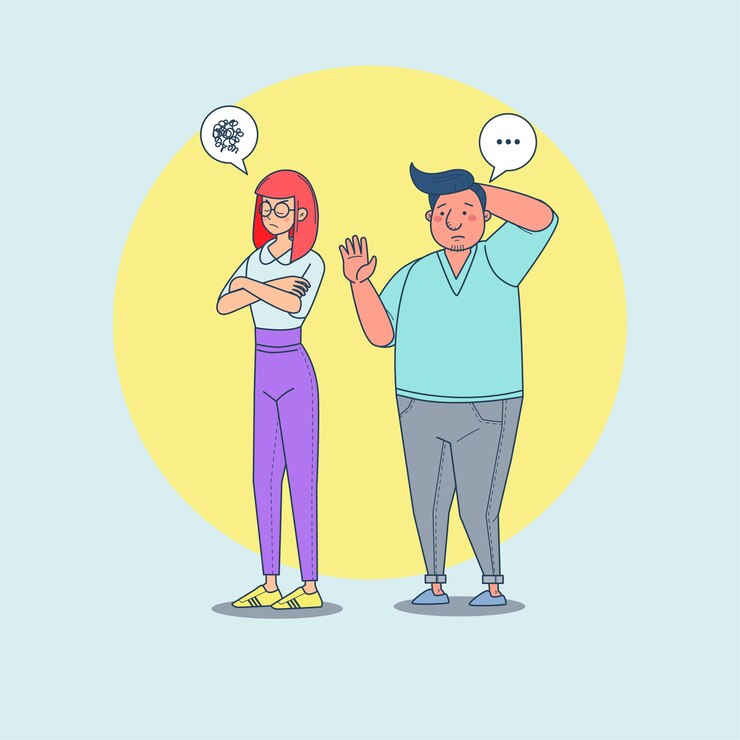 Vector Gratis disagreement in relationship. woman angry at young man, couple quarrelling, family conflict