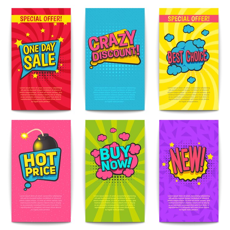 Vector Gratis discount comic posters set with special price symbols flat isolated vector illustartion