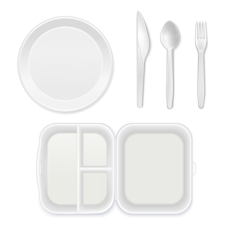Vector Gratis disposable white plastic plate cutlery knife fork spoon lunchbox top view realistic tableware set isolated