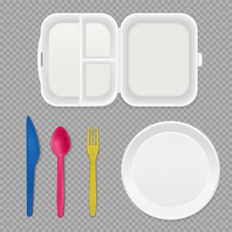 Vector Gratis disposable white plastic plate lunchbox and colorful cutlery top view realistic tableware set transparent