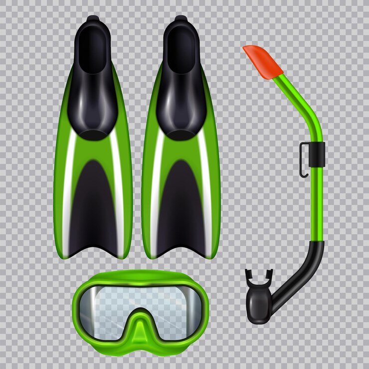 Vector Gratis diving accessories realistic set with snorkel breathing tube mask and flippers  green on transparent