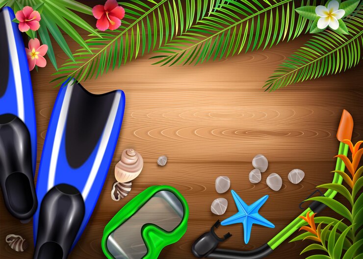 Vector Gratis diving accessories realistic  with snorkel mask flippers tropical plants marine creatures on wood plank
