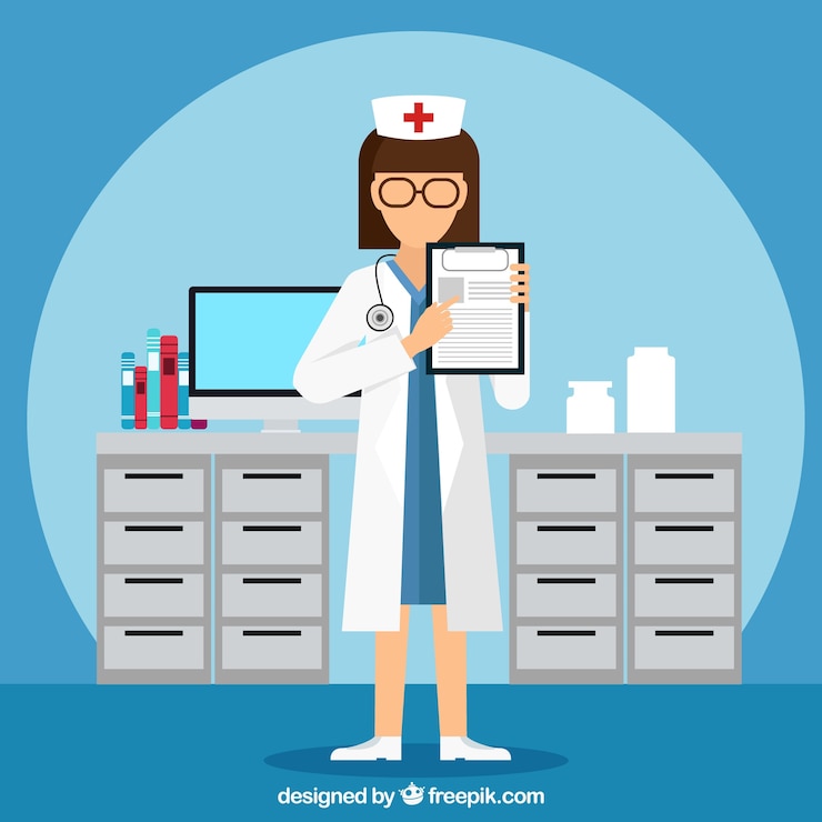 Vector Gratis dokter wanita menunjuk clipboard