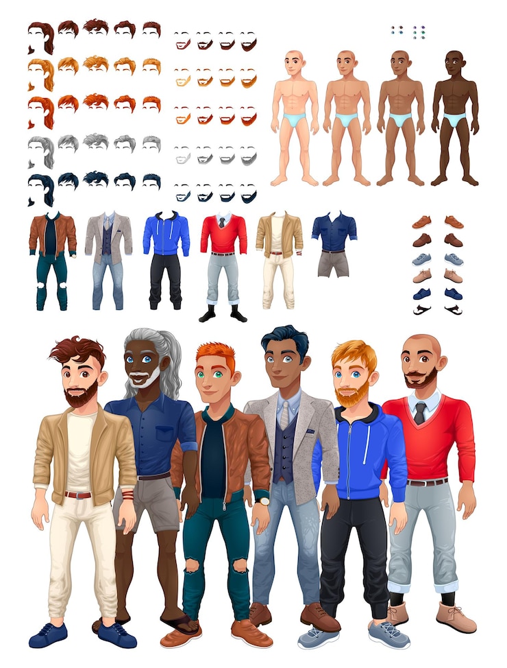 Vector Gratis dresses and hairstyles game with male avatar. vector illustration, isolated interchangeable objects.