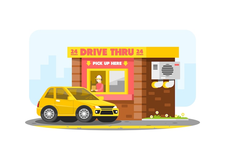 Vector Gratis drive thru window with car and worker