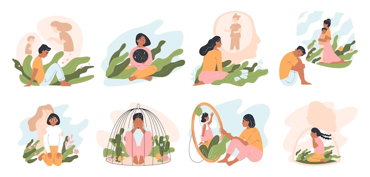 Vector Gratis dunia batin manusia ditetapkan dengan komposisi terisolasi datar dari kepribadian orang dalam sangkar berbicara dengan roh ilustrasi vektor