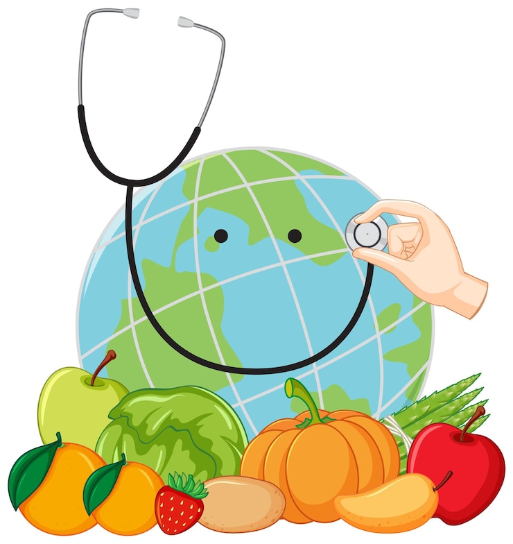 Vector Gratis earth globe with stethoscope and fruit vegetable