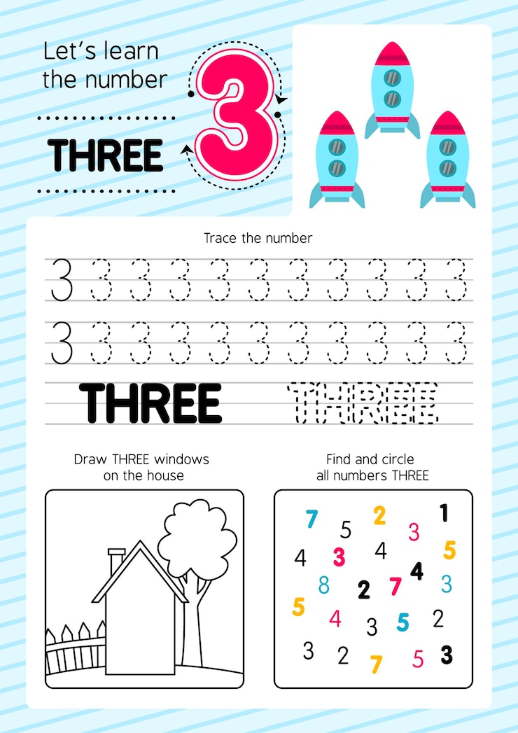 Vector Gratis educational number three worksheet