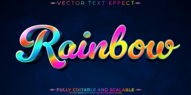 Vector Gratis efek teks pelangi gaya jenis huruf yang bisa diedit, warna-warni, berkilau, dan bisa dikustomisasi