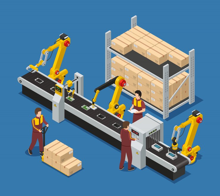 Vector Gratis electronics factory composition with robotic conveyor line of touchscreen phones staff and package boxes 