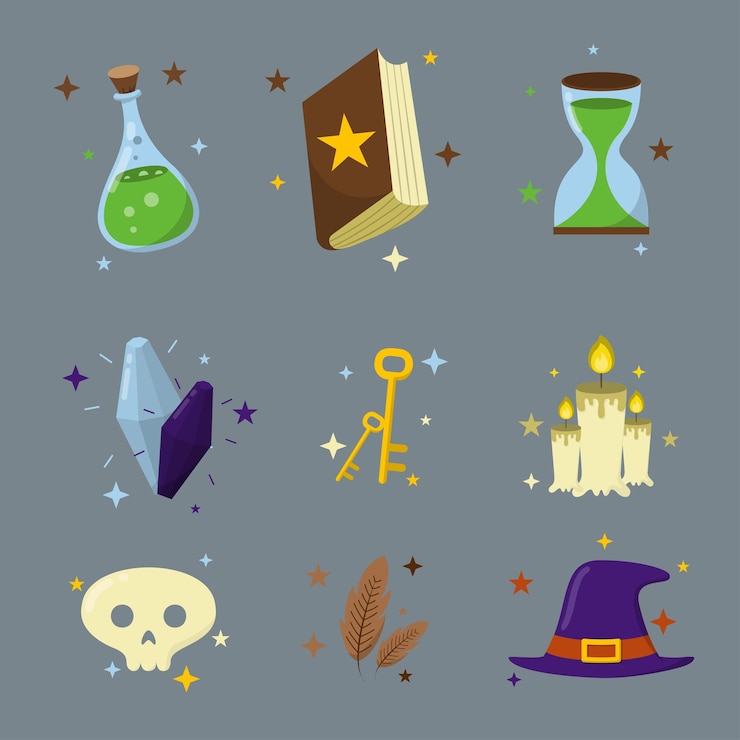 Vector Gratis elemen sihir kristal sapu kuali tas rune bola sihir topi penyihir tongkat sihir buku elemen dan benda untuk sihir ilustrasi vektor