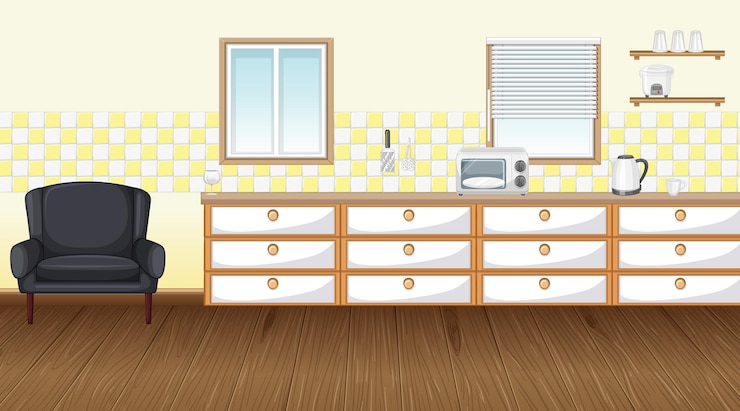 Vector Gratis empty kitchen room with counter cabinet and parquet floor